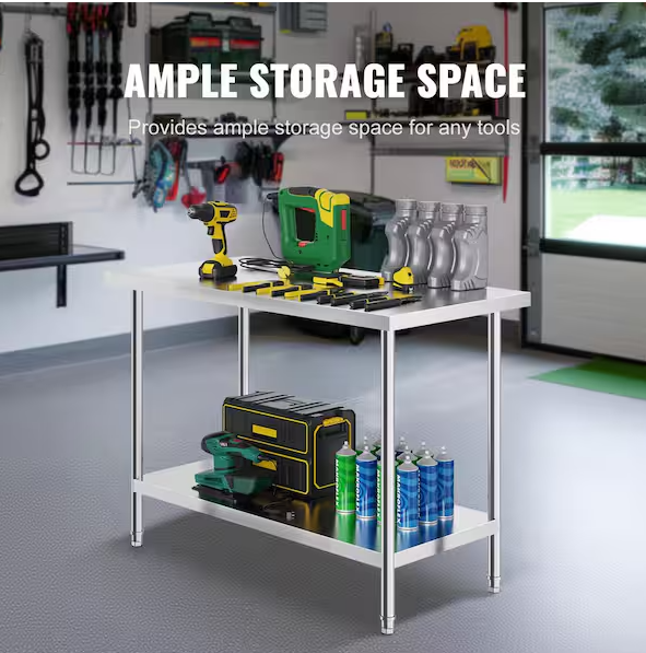 Stainless Steel Prep Table, 24 x 48 x 34 In. 800 lbs. Heavy Duty Metal Worktable with 3 Adjustable Height Silver