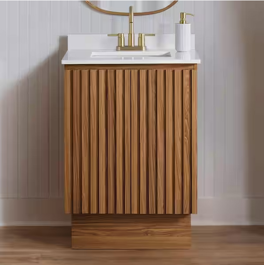 Precine 25 in. Single Sink Natural Teak Bath Vanity with White Engineered Stone Top(Assembled)