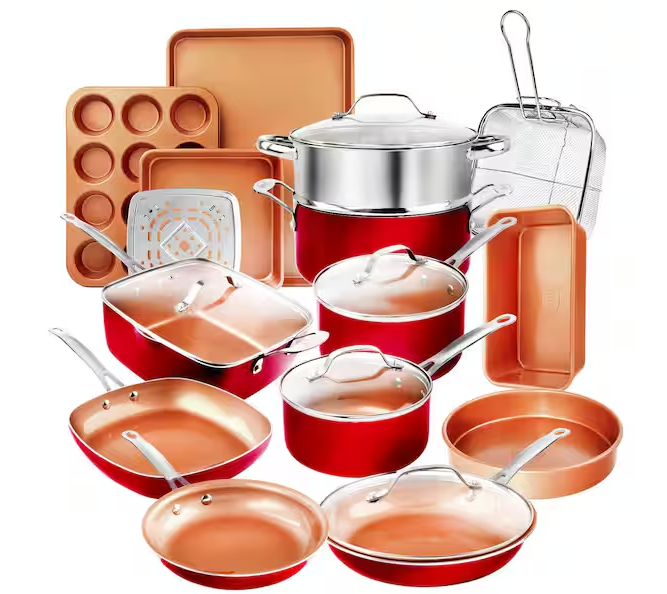 20-Piece Aluminum Ti-Ceramic Nonstick Cookware and Bakeware Set in Red