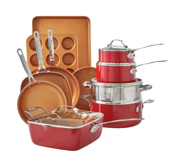 20-Piece Aluminum Ti-Ceramic Nonstick Cookware and Bakeware Set in Red