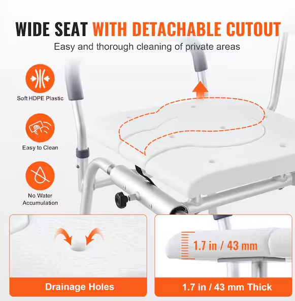 Sliding Tub Transfer Bench 14.2 in. W Freestanding Shower Bench Reversible Backrest Shower Bench in White