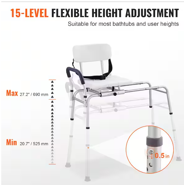 Sliding Tub Transfer Bench 14.2 in. W Freestanding Shower Bench Reversible Backrest Shower Bench in White