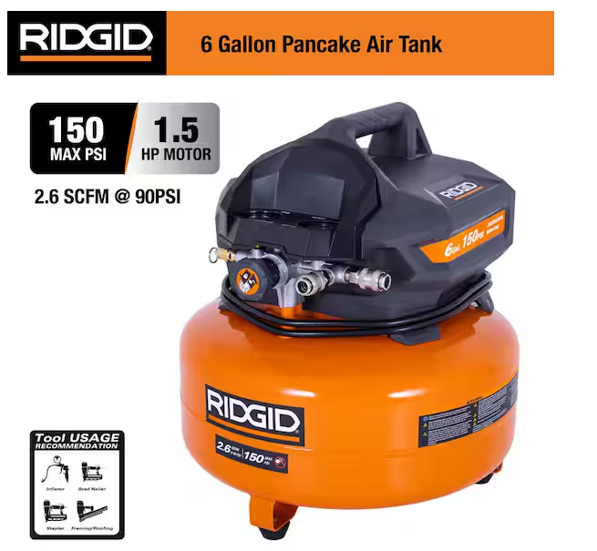 6 Gal. 150 PSI Portable Electric Oil-Free Jobsite Pancake Air Compressor with 25 ft. Air Hose and 18GA Brad Nailer