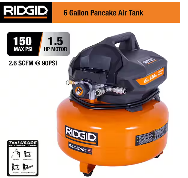 6 Gal. 150 PSI Portable Electric Oil-Free Jobsite Pancake Air Compressor with Dual Pressure Gauges and 2-Quick Couplers