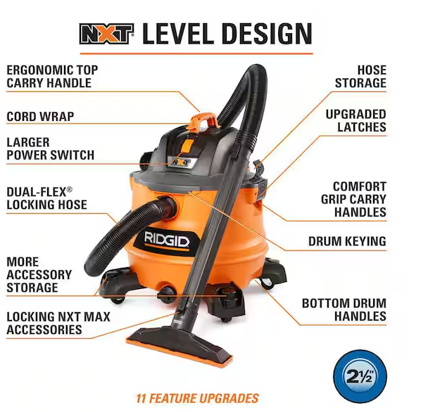 14 Gal. 6.0 Peak HP NXT Shop Vacuum Wet Dry Vac with Fine Dust Filter, Locking Hose, Wands and Attachments HD1400
