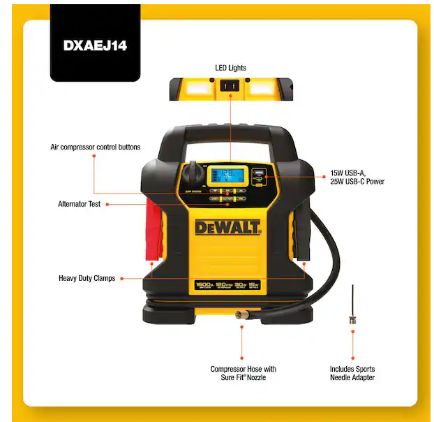 1600 Peak Amp Jump Starter with Digital Compressor and USB Power Bank