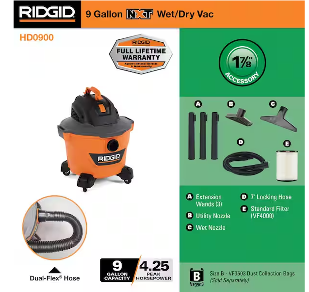 9 Gal. 4.25 Peak HP NXT Shop Vacuum Wet Dry Vac with General Debris Filter, Locking Hose and Attachments HD09001
