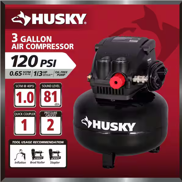 3 Gal. 120 PSI Portable Electric Oil-Free Light Duty Pancake Air Compressor with Fold Down Handle and 1-Quick Coupler
