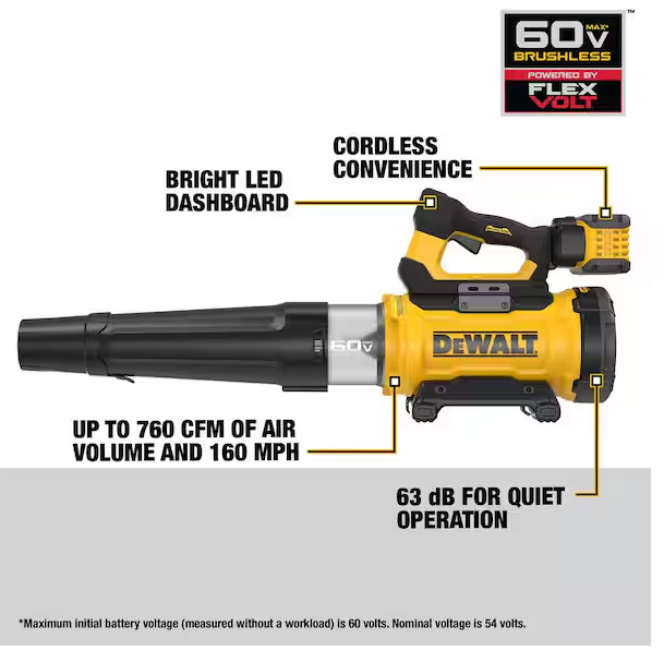 FLEXVOLT 60V MAX 160 MPH 760 CFM Brushless Cordless Battery Powered Blower Kit w/ (1) FLEXVOLT 4 Ah Battery and Charger