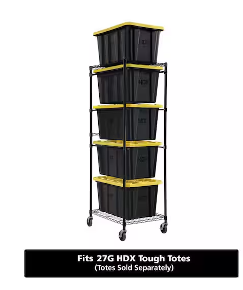 Steel Wire Garage Storage Bin Rack with Casters for 27 Gal. Tough Totes in Black (22 in. W x 69 in. H x 28.5 in. D)
