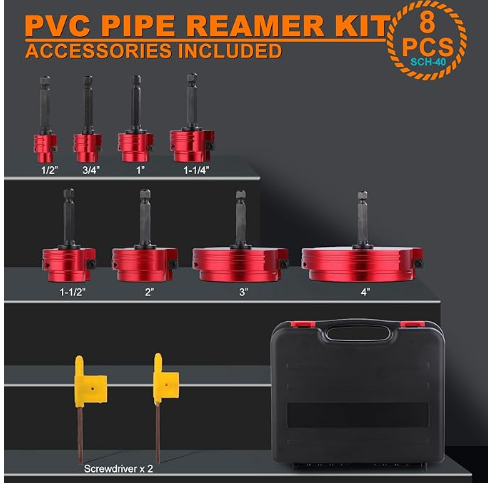Double-Blade PVC Pipe Reamer Kit (1/2" to 4") 8PCS into Standard 1/2" Drills - Fits Sch.40