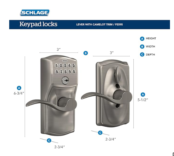 SCHLAGE Satin Nickel FE595VCAM619ACC Camelot Keypad