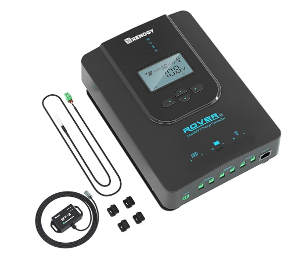 Renogy Solar Charge Controller (Bluetooth) -Rover 30A 12V24V Auto DC Input MPPT Charge Controllers for Solar Panels Adjustable LCD for Gel Sealed Flooded Lithium Batteries