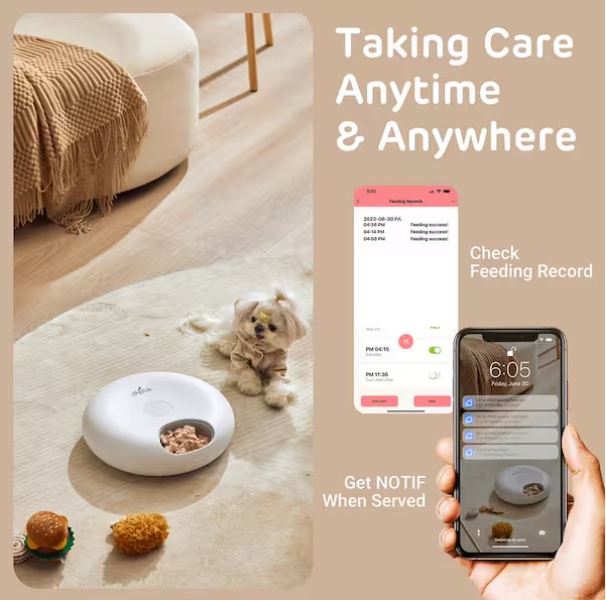 Donuts Frost Wi-Fi 6 Meal Automatic Dog/Cat Food Feeder with App Control, 2 Ice Packs, Timer, Holds 6 x 1/2 lbs. of Food