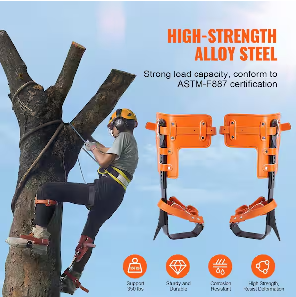 Tree Climbing Spikes, Alloy Steel Climbing Spurs, 350lbs. Capacity, Arborist Gear with Straps & Protectors