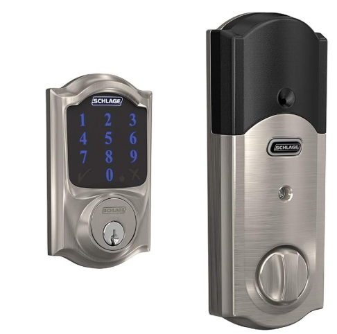 SCHLAGE BE469ZP CAM 619 Connect Smart Deadbolt with alarm with Camelot Trim in Satin Nickel, Z-Wave Plus enabled