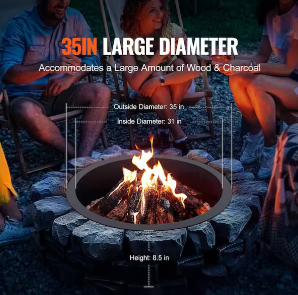 Fire Pit Ring, 35 in. Outer/31 in. Inner Dia, 10 in Height Fire Pit Insert, Heavy Duty Carbon Steel Liner