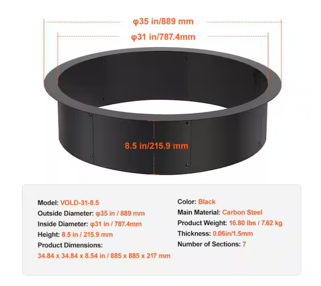 Fire Pit Ring, 35 in. Outer/31 in. Inner Dia, 10 in Height Fire Pit Insert, Heavy Duty Carbon Steel Liner
