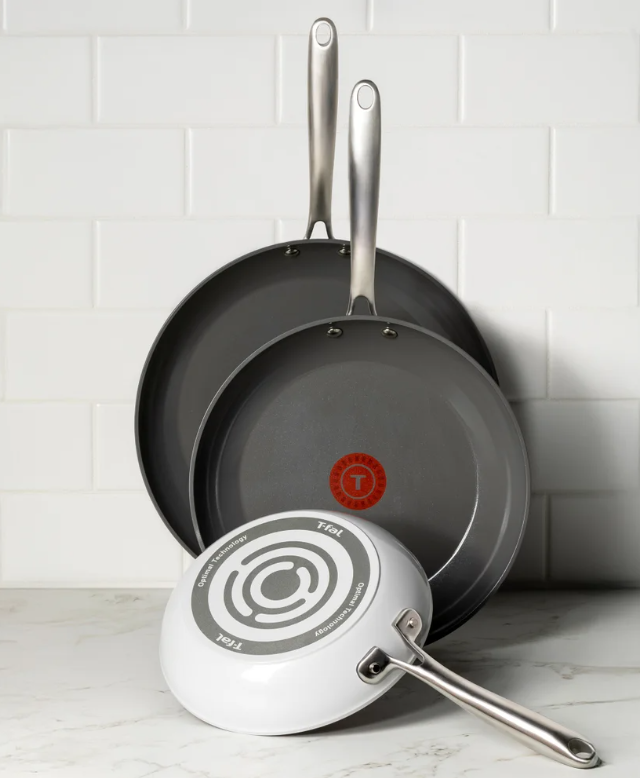 New T-Fal 3 Pc Ceramic Non Stick Fry Pan Set Gray Thermo Spot 8 10.5 12 Inch