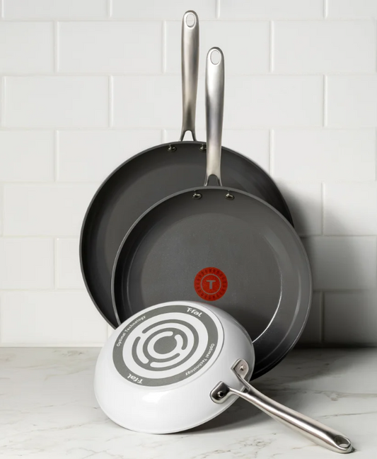 New T-Fal 3 Pc Ceramic Non Stick Fry Pan Set Gray Thermo Spot 8 10.5 12 Inch