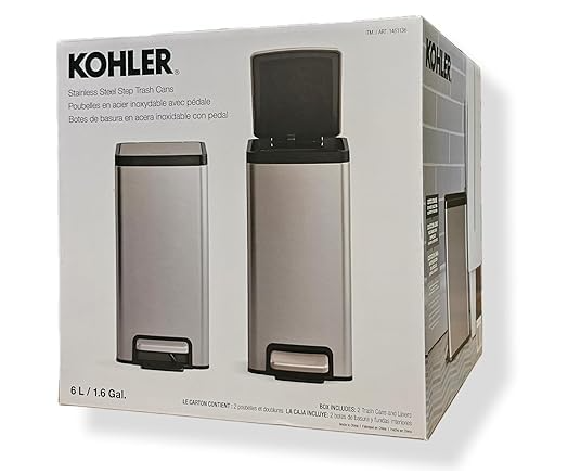 2 PACK - WHITE - Kohler 6L Stainless Steel Step Trash Cans Garbage Bin Lid