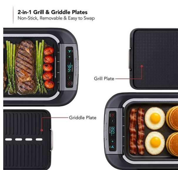1500W Electric Portable Smokeless Indoor Grill with Two Removable Non-Stick and Dishwasher Safe Plates