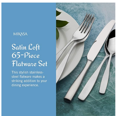Mikasa Essex Satin 65-Piece Stainless Steel Flatware Set with Wood Caddy