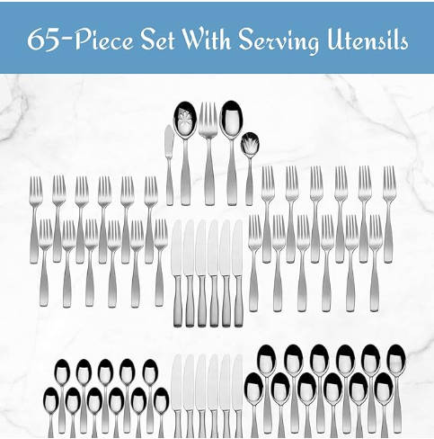 Mikasa Essex Satin 65-Piece Stainless Steel Flatware Set with Wood Caddy