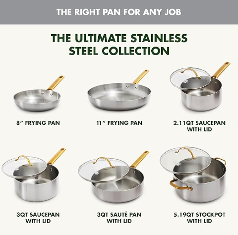 GreenPan Stainless Steel Tri-Ply Reserve 10 Piece Cookware Pots and Pans Set, Multiclad, Induction