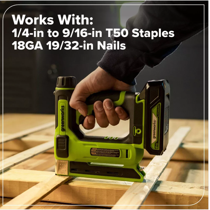 Greenworks POWERALL 24V Cordless 3/8in Crown T50 Stapler with 2Ah Battery and Charger