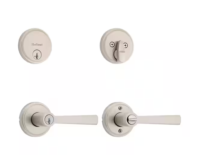 Trafford Keyed Entry Handle and Single Cylinder Deadbolt Combo Pack featuring SmartKey Security in Satin Nickel