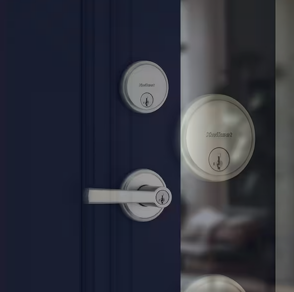 Trafford Keyed Entry Handle and Single Cylinder Deadbolt Combo Pack featuring SmartKey Security in Satin Nickel