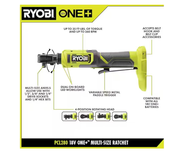 RYOBI ONE+ 18V Cordless Multi Size Ratchet (Tool Only) PCL280B