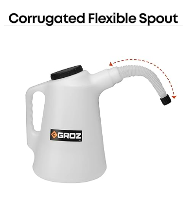 Groz 8-Quart Oil Measuring Container with Flexible Spout, Graduated in Quarts & Liters, Leak-Proof Threaded Design for Engine Oil Changes (41882)