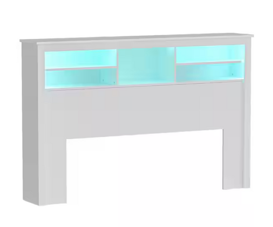 5-Shelves White Wood Full Queen Headboard Shelf With LED Lights