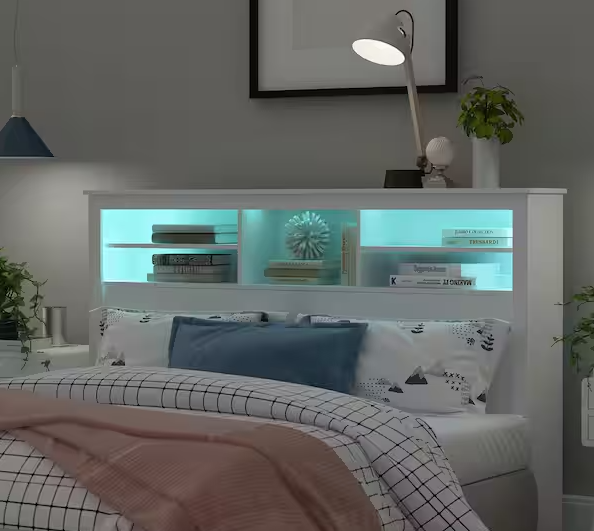 5-Shelves White Wood Full Queen Headboard Shelf With LED Lights