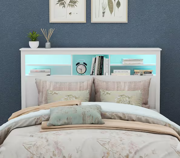 5-Shelves White Wood Full Queen Headboard Shelf With LED Lights
