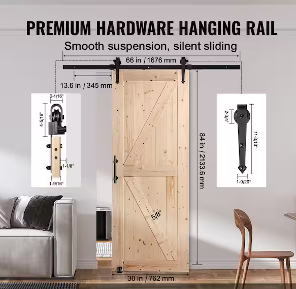 Barn Door and Hardware Kit, 30 x 84 x 1.38 in. Wood Sliding Barn Door, Smoothly and Quietly, Access Door