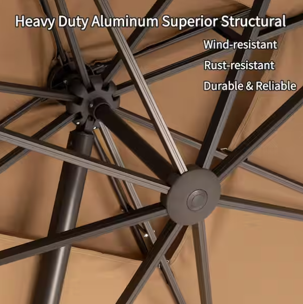 Double Top 13 ft. x 10 ft. Aluminum Outdoor Cantilever Offset 360° Rotation Patio Umbrella in Tan with 350 lbs. Base
