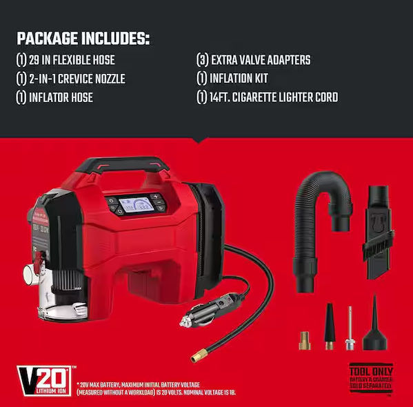 3-in-1 160 PSI Portable Electric Air Compressor, Car Vacuum, Dust Blower with LED Light Cordless 20-Volt & 12-Volt Power