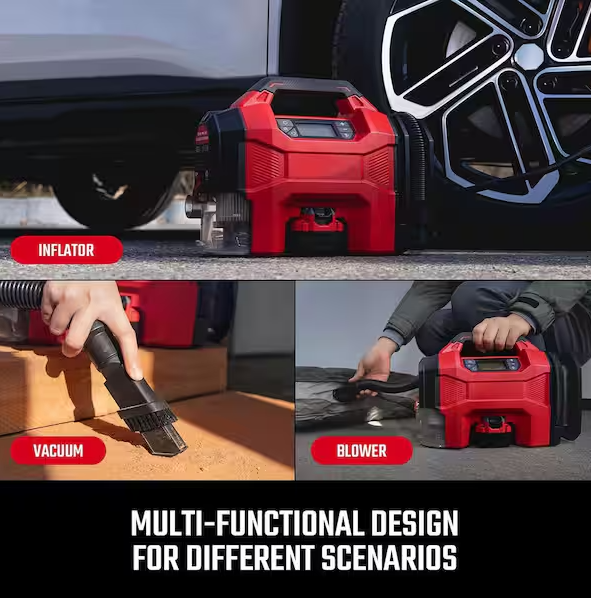 3-in-1 160 PSI Portable Electric Air Compressor, Car Vacuum, Dust Blower with LED Light Cordless 20-Volt & 12-Volt Power