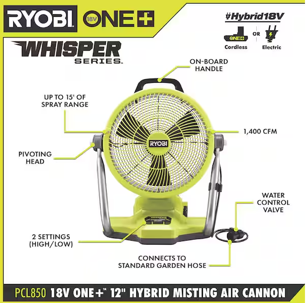 ONE+ 18V Cordless Hybrid WHISPER SERIES 12 in. Misting Air Cannon Fan Kit with 4.0 Ah Battery and Charger pcl850k1