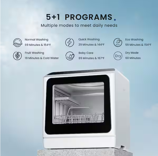 17 in. Portable Countertop Dishwasher in White with 6-Cycles, 4-Place Settings Capacity, and 40 dBA