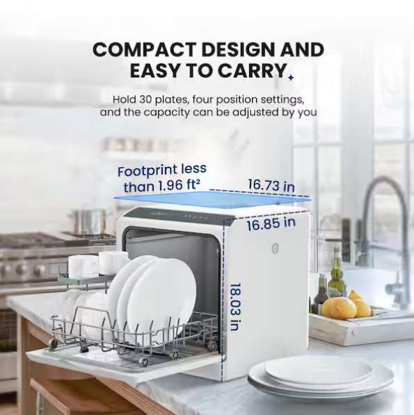17 in. Portable Countertop Dishwasher in White with 6-Cycles, 4-Place Settings Capacity, and 40 dBA