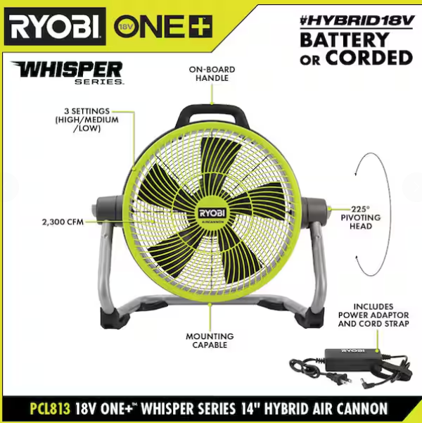 ONE+ 18V Cordless Hybrid WHISPER SERIES 14 in. Air Cannon Fan (Tool Only)
