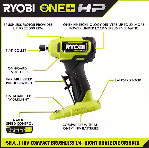 ONE+ HP 18V Brushless Cordless Compact 1/4 in. Right Angle Die Grinder (Tool Only)