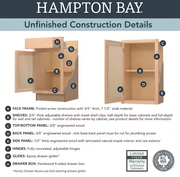 Hampton Bay Recessed Panel 21 in. W x 24 in. D x 34.5 in. H Assembled Base Kitchen Cabinet in Unfinished
