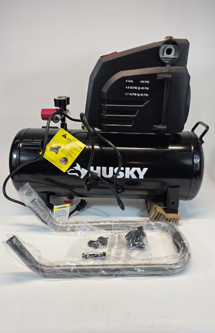 Husky 8 Gal. 150 PSI Portable Electric Oil-Free Horizontal Hotdog Air Compressor with Rubber Wheels and 1-Quick Coupler USED