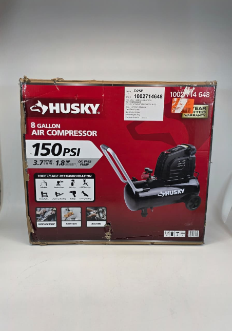 Husky 8 Gal. 150 PSI Portable Electric Oil-Free Horizontal Hotdog Air Compressor with Rubber Wheels and 1-Quick Coupler USED