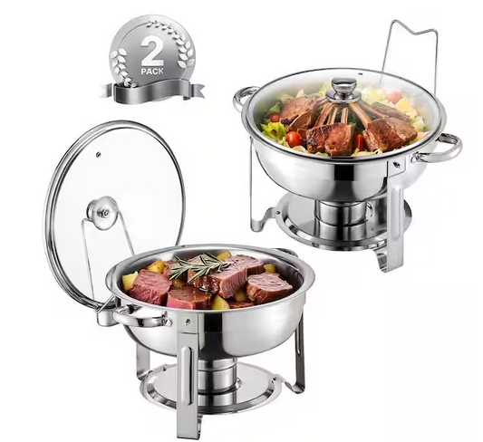 SVOPES 5 qt. Chafing Dish Set, 2 Pack Stainless Steel Round Buffet Chafer with Full Size Pans, Glass Lid, Water Pan, Silver